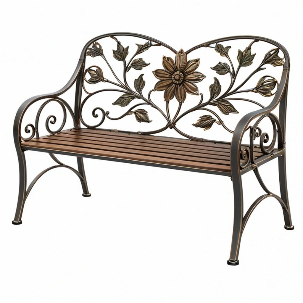 Panca da giardino 122 x 55 x 100 cm in ferro bronzo stile floreale