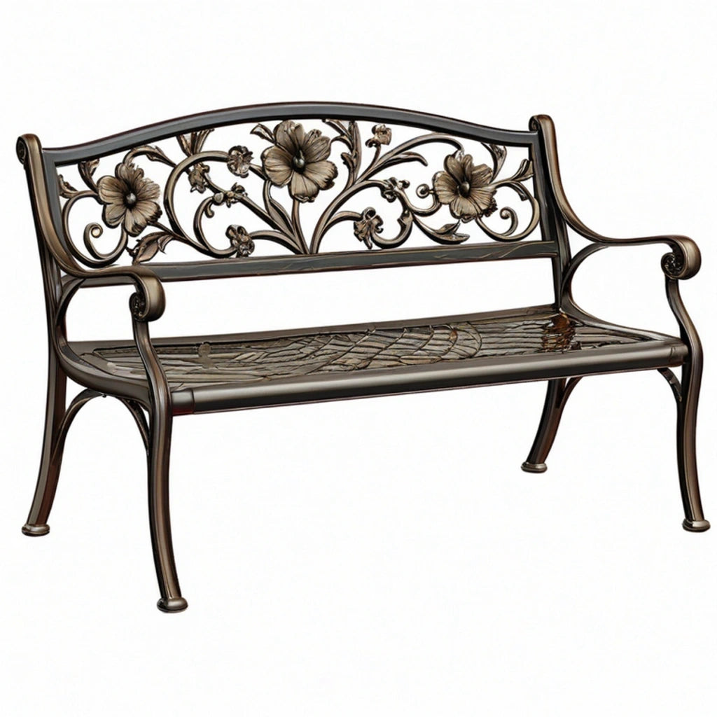 Panchina da giardino 122 x 61 x 95 cm in ferro bronzo con schienale floreale classico