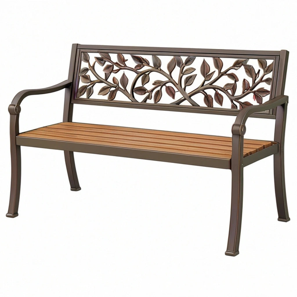 Panchina da giardino 125 x 60 x 90 cm in metallo e legno marrone con schienale floreale
