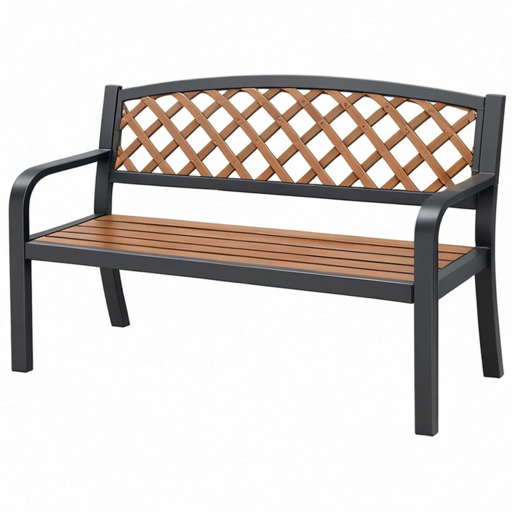 Panca da giardino 122 x 60 x 88 cm in metallo nero e materiale sintetico marrone - schienale intrecciato