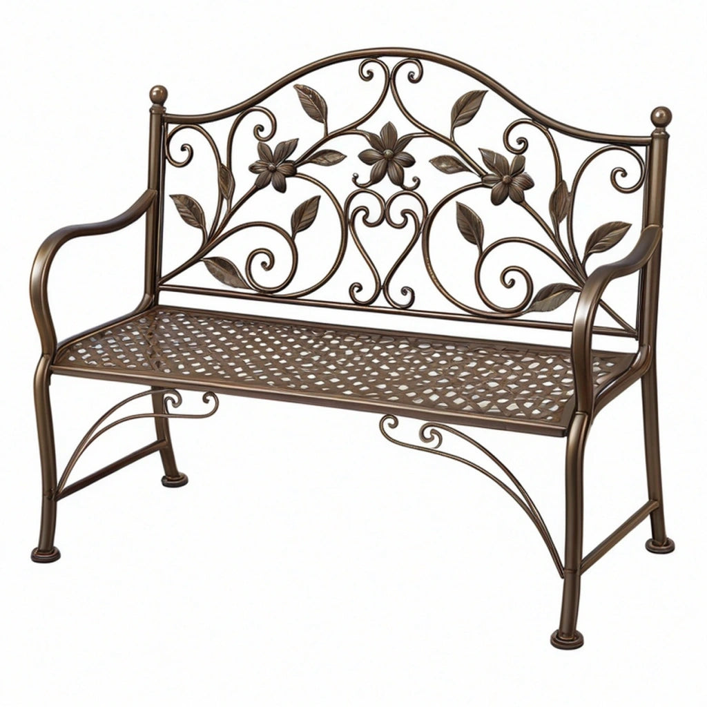 Panca da giardino 120 x 60 x 100 cm in metallo marrone con schienale floreale classico