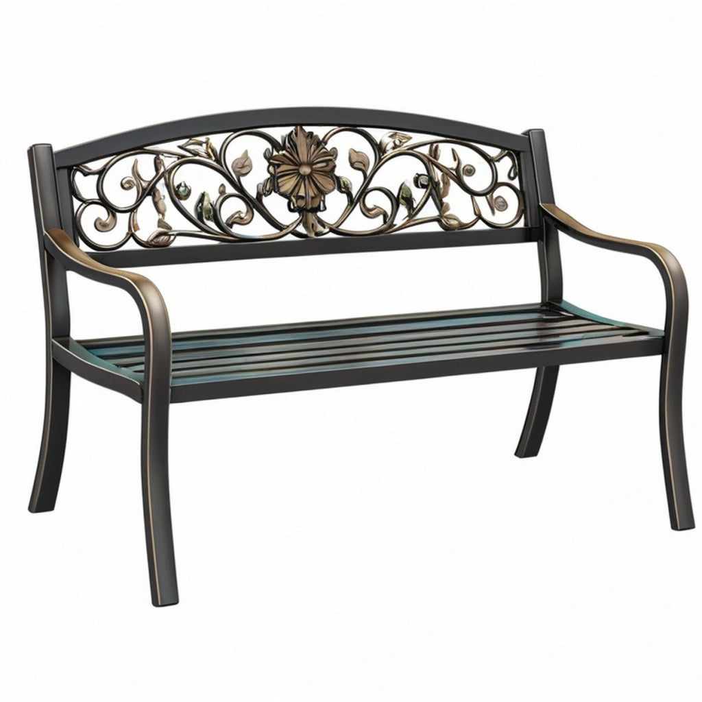 Panchina da giardino 122 x 58 x 91 cm in metallo nero bronzo con schienale floreale classico