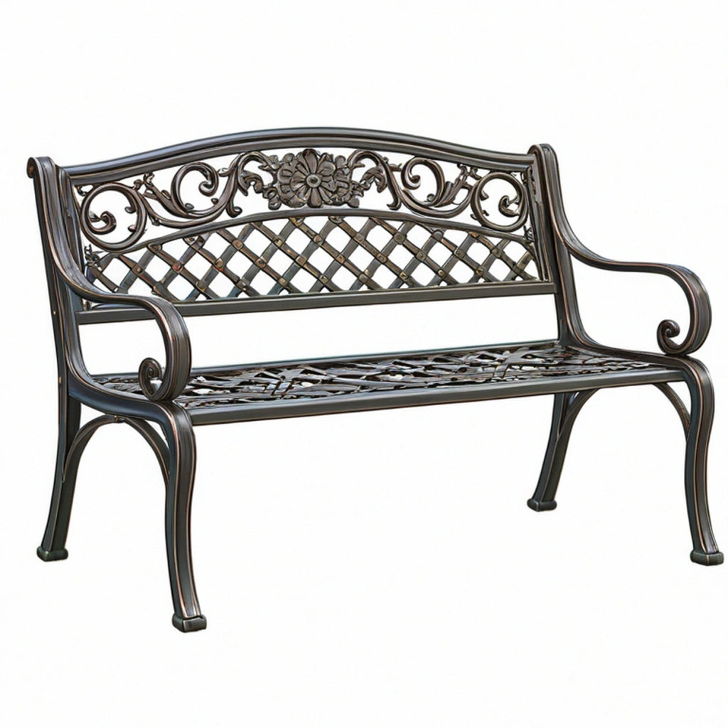 Panchina da giardino 122 cm in metallo bronzo con schienale decorativo