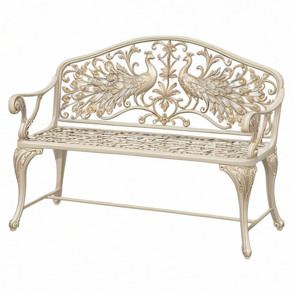 Panca da giardino 120 x 60 x 90 cm in alluminio avorio stile classico decorata