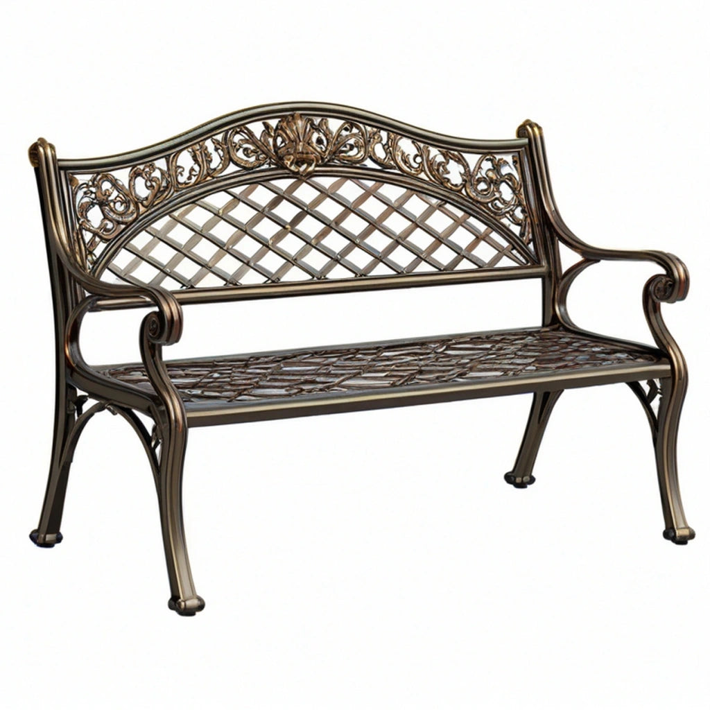 Panchina da giardino 120 x 60 x 90 cm in metallo bronzo - stile classico con schienale decorato