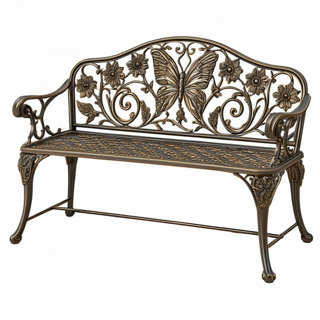 Panca da giardino 120x60x95 cm in metallo bronzo con schienale a farfalla stile classico