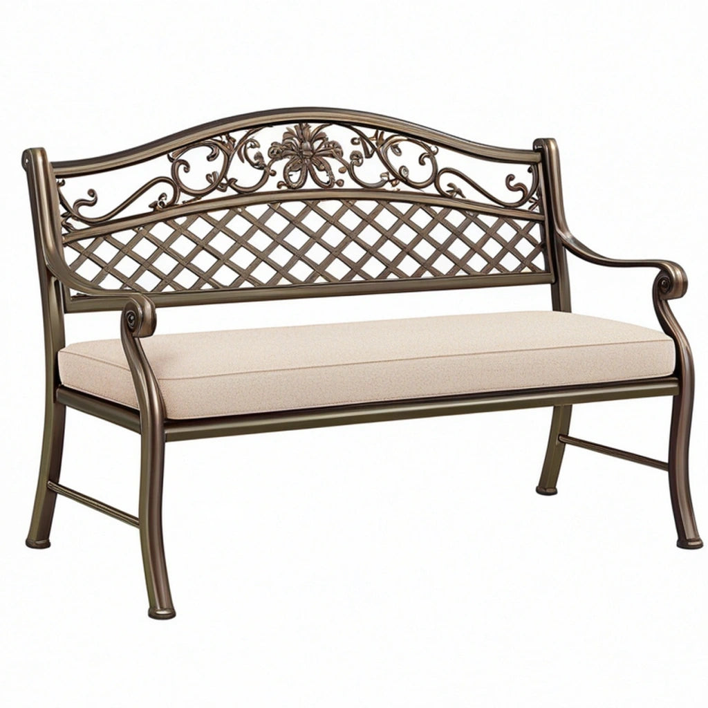 Panca da giardino 122 x 64 x 91 cm in metallo bronzo con cuscino stile classico