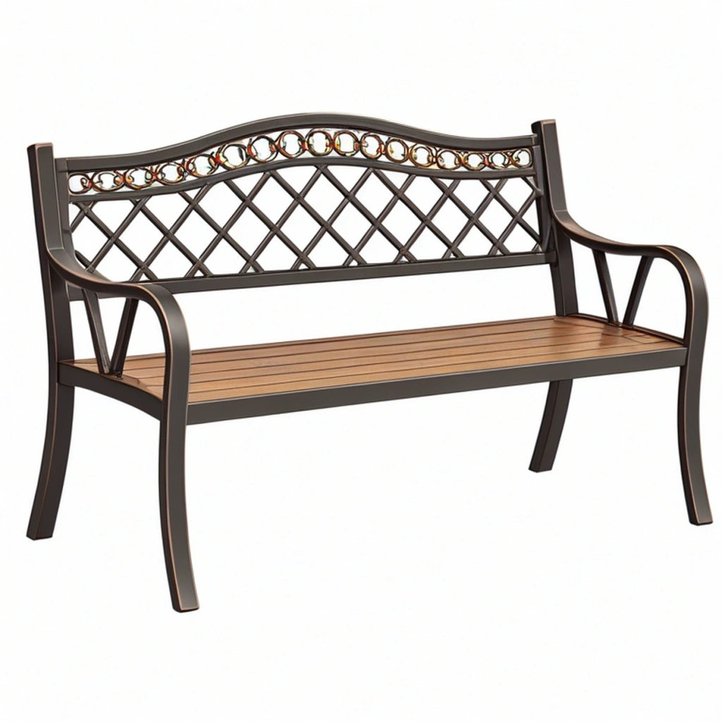 Panca da giardino 122 x 61 x 91 cm in metallo marrone con seduta a doghe stile classico