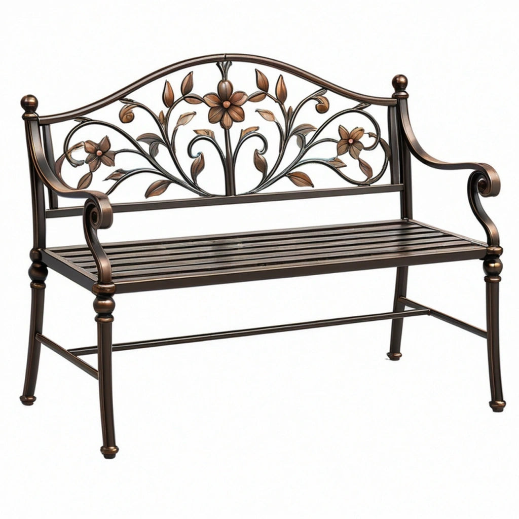 Panca da giardino 120 x 60 x 95 cm in ferro bronzo con schienale floreale - stile classico