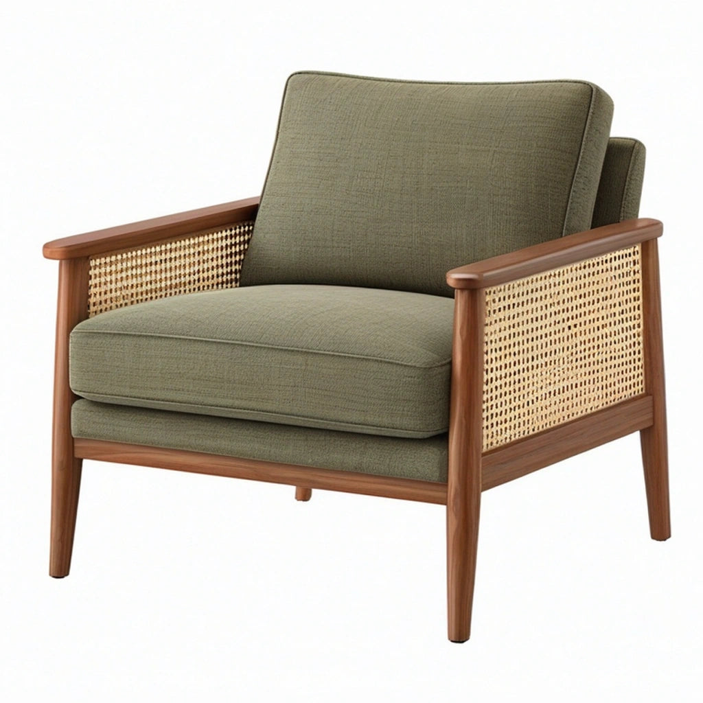 Poltrona 78 x 78 x 80 cm in legno e rattan verde oliva per soggiorno - stile moderno