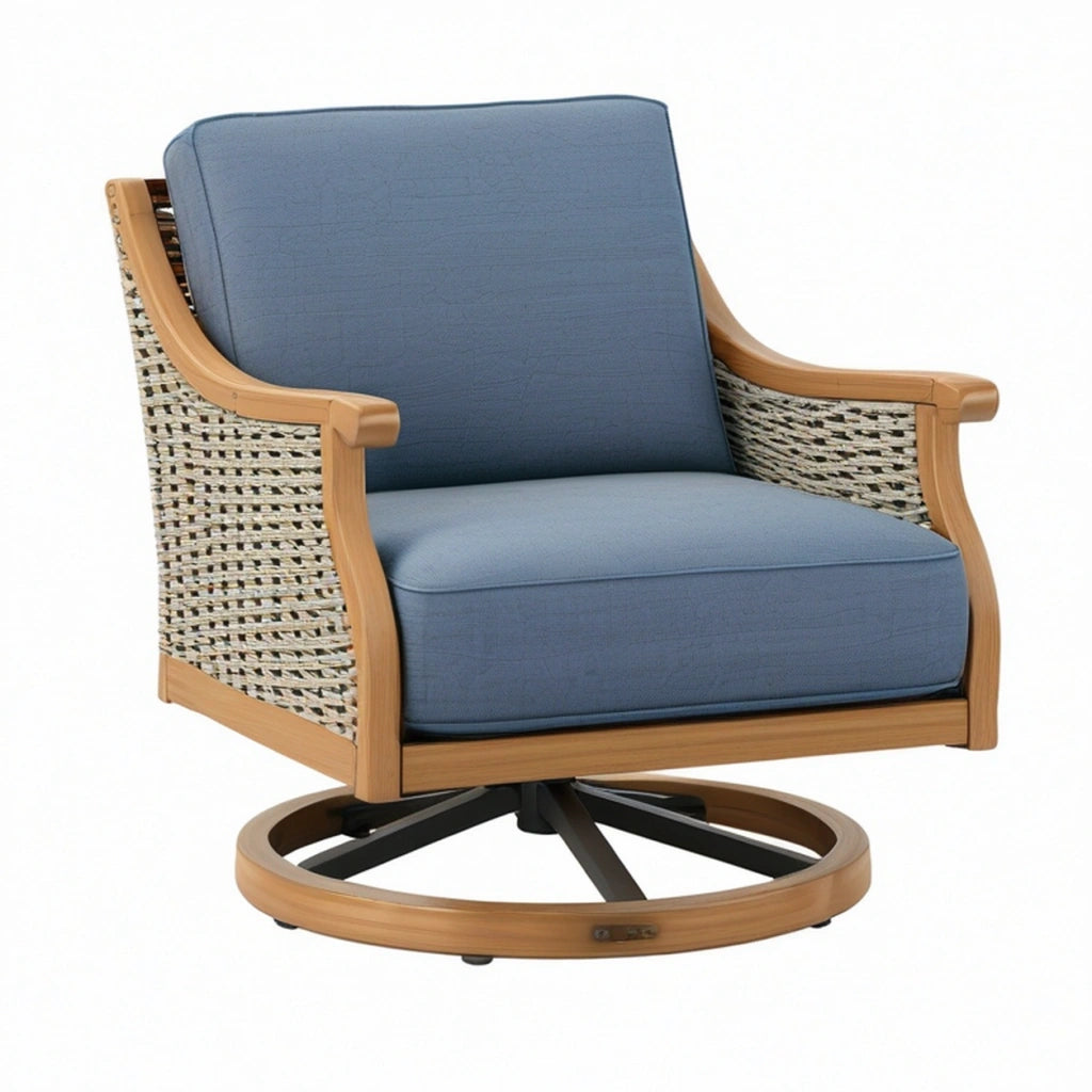 Poltrona girevole 82 x 80 x 92 cm in legno e rattan blu