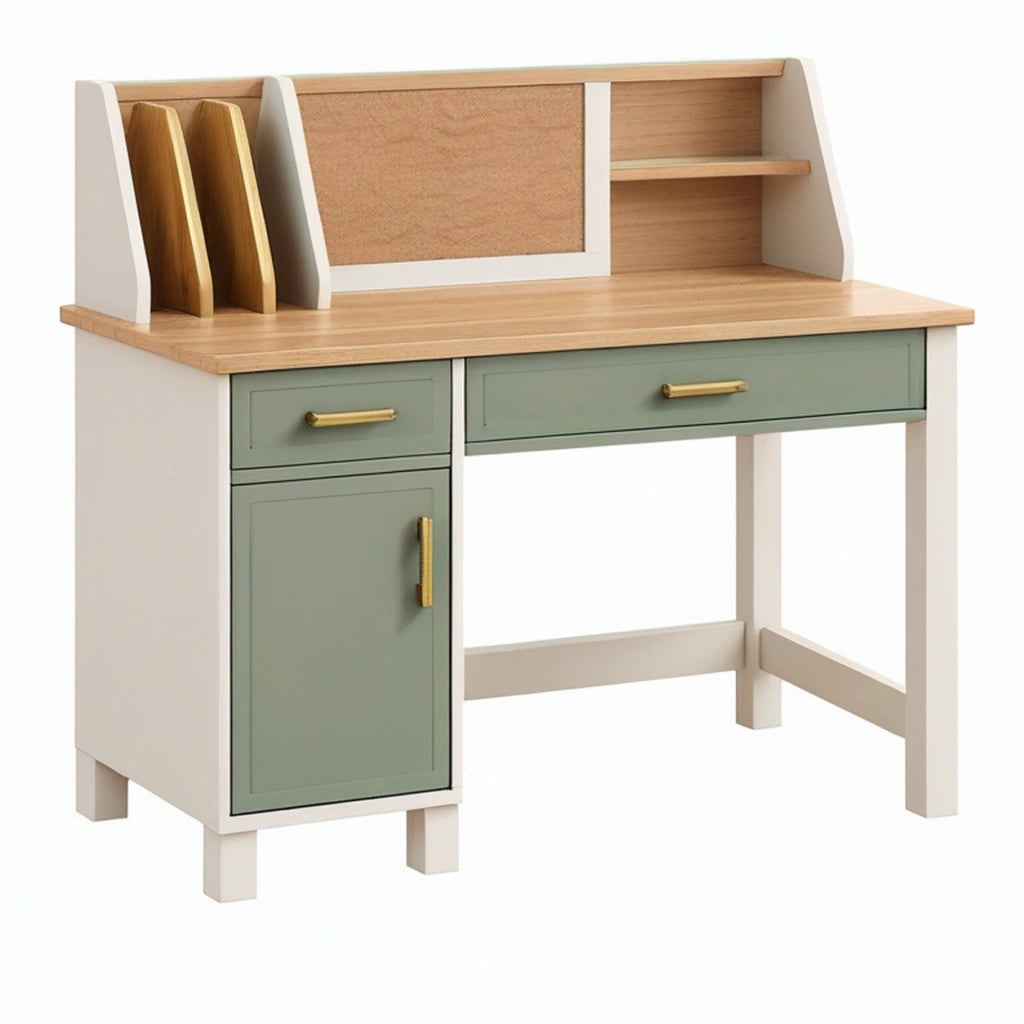 Scrivania con ripiani 100 x 50 x 120 cm in legno beige e verde salvia con cassetti