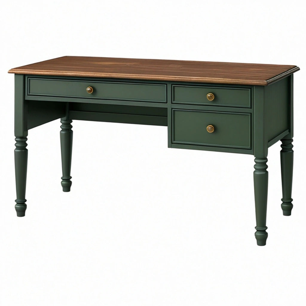 Scrivania 140 x 60 x 76 cm in legno verde e marrone classica con 3 cassetti