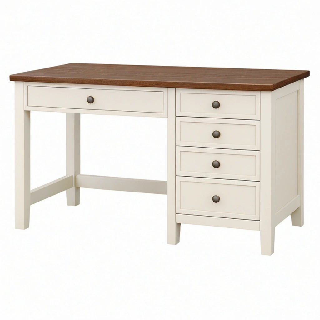 Scrivania 140 x 60 x 75 cm in legno bianco/noce con 5 cassetti stile classico