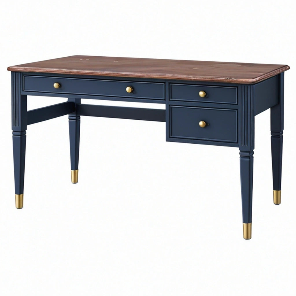 Scrivania 140 x 60 cm in legno blu scuro e marrone con 3 cassetti stile classico