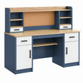 Scrivania con alzata 120x60x150 cm in pannelli di legno blu scuro e bianco con bacheca e contenitori
