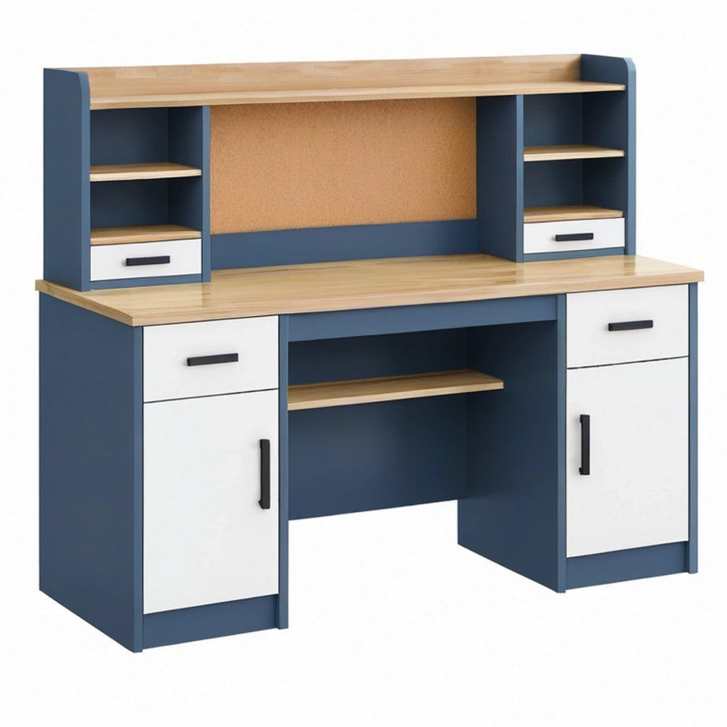 Scrivania con alzata 120x60x150 cm in pannelli di legno blu scuro e bianco con bacheca e contenitori